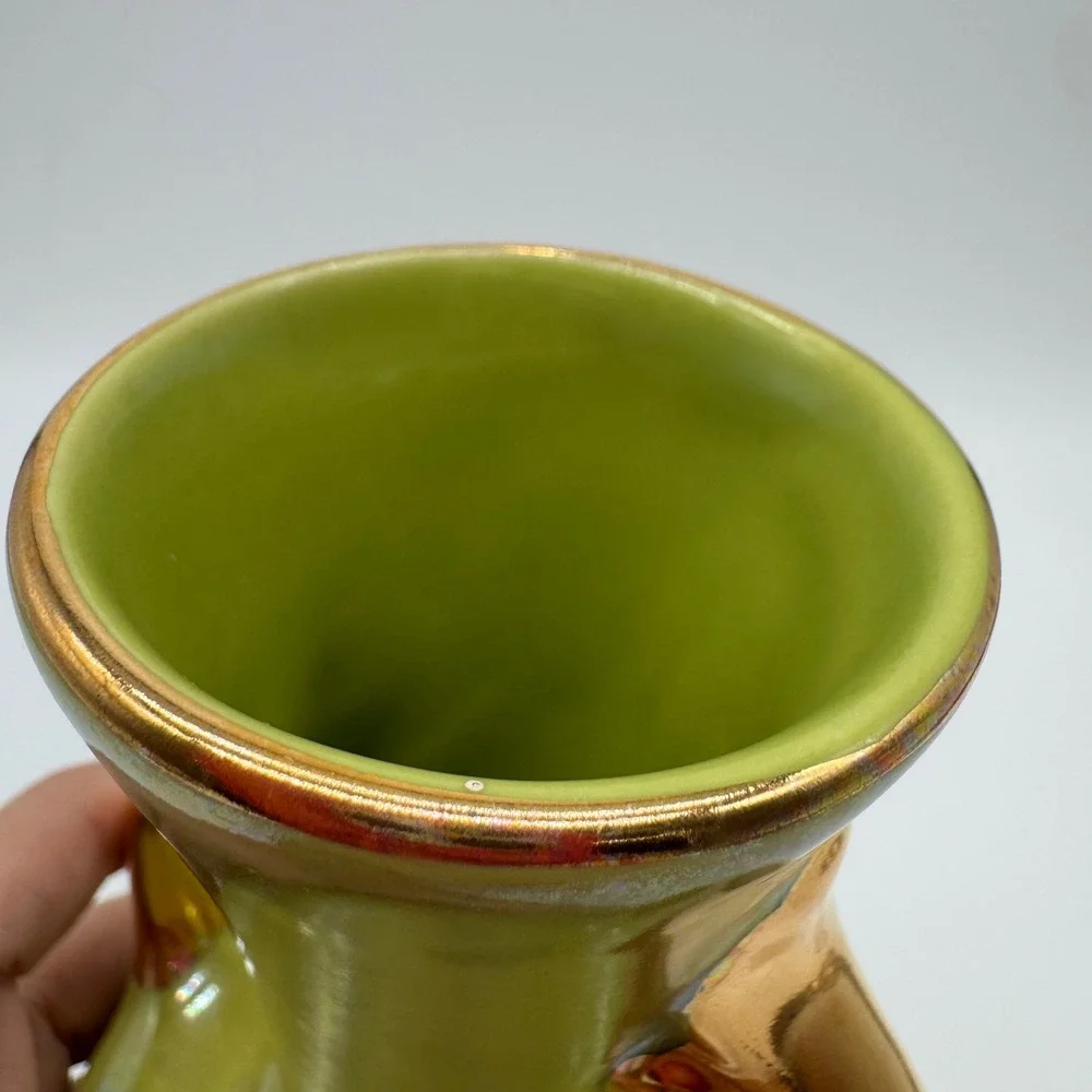 Vintage Pearl China Co Iridescent Green Lustre Vase 22k Gold USA 6x4.5